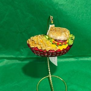Handmade glass blown hamburger & fries ornament NWOT